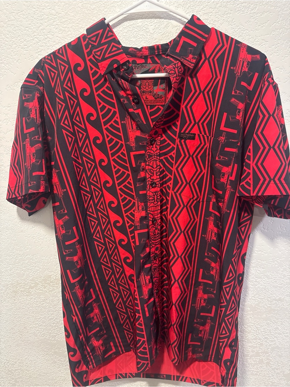 Retro Rifle Suppressed Red & Black Hawaiian Button Down Shirt Large